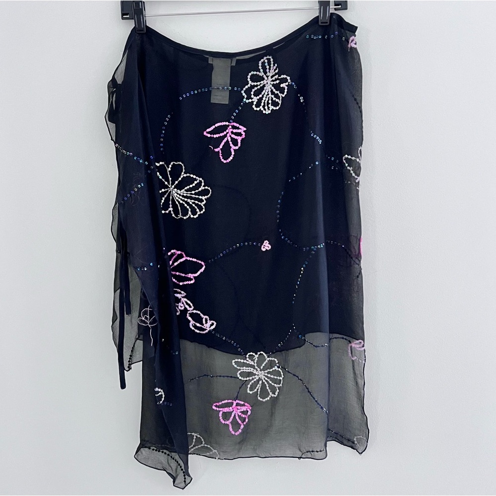 PINKO Luxury 100% Silk chiffon sequins sarong paréo coverup skirt us sz 6 black